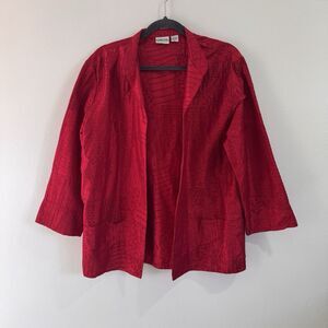 Chico's Sweater Cardigan 1 / M 100% Silk Embroidered Red Open Front Blazer